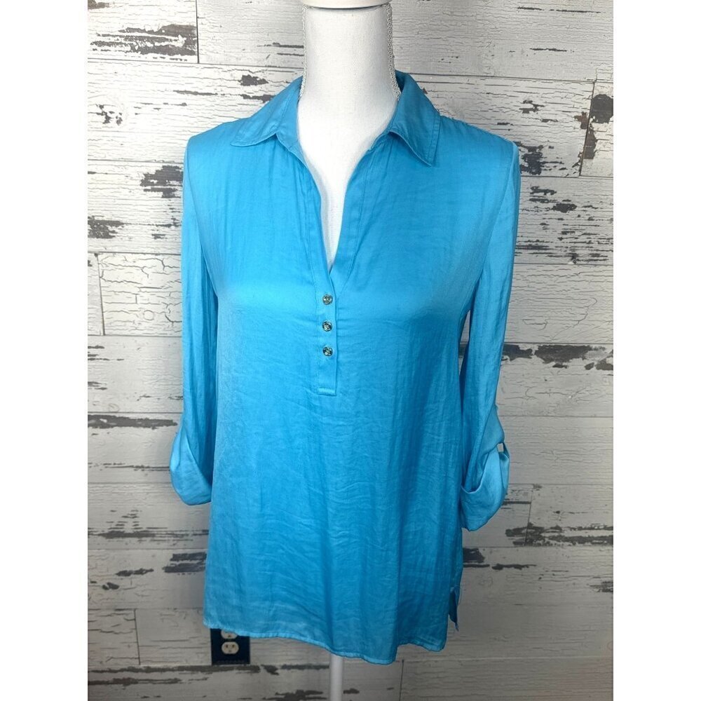 LILLY PULITZER Everglades Popover Top Roll Tab Sleeves Blue Sz XS NWOT